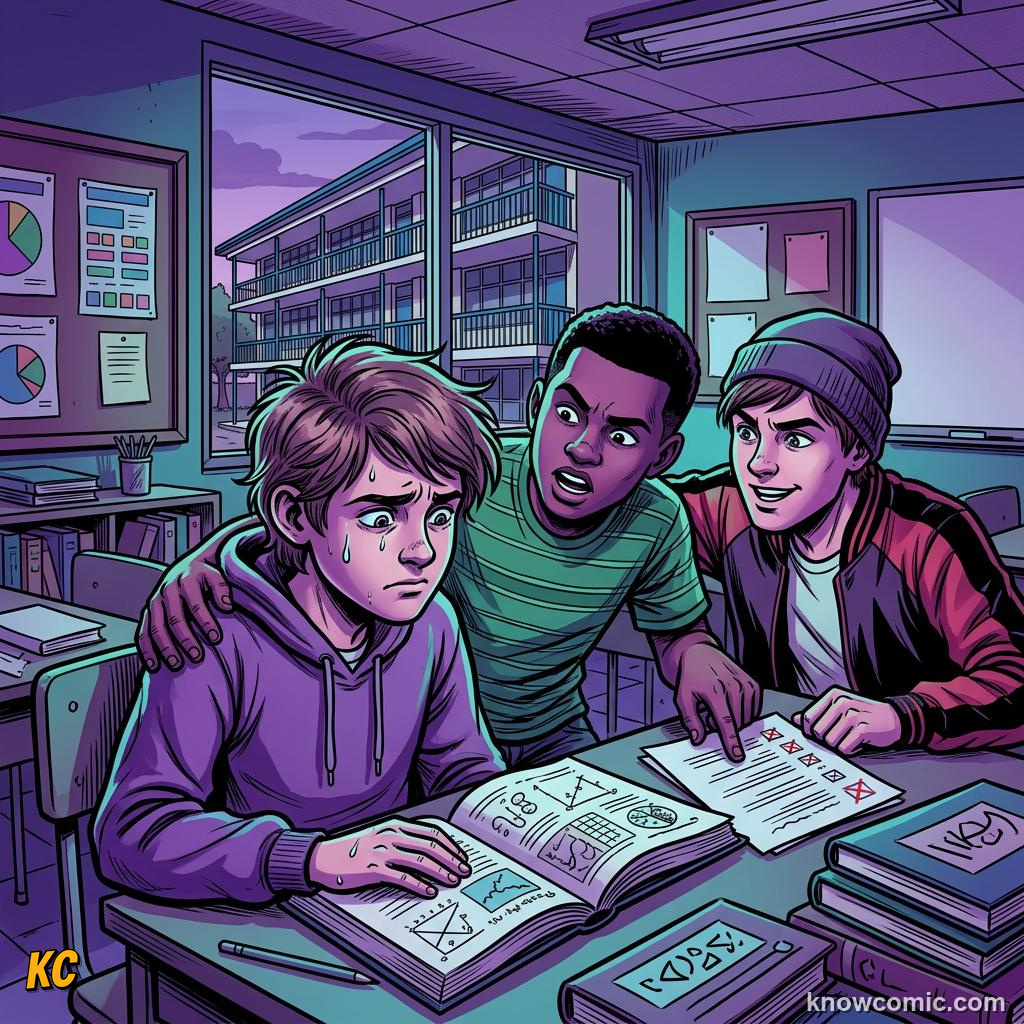 Comic illustration: child agreeing with friends even when they know the answer is wrong