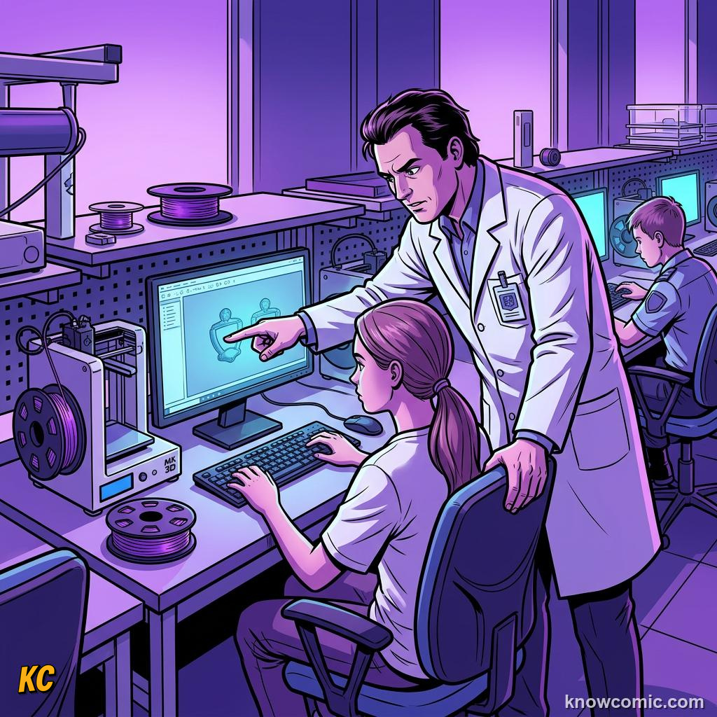 Comic illustration: person following instructions from an authority figure in a lab coat