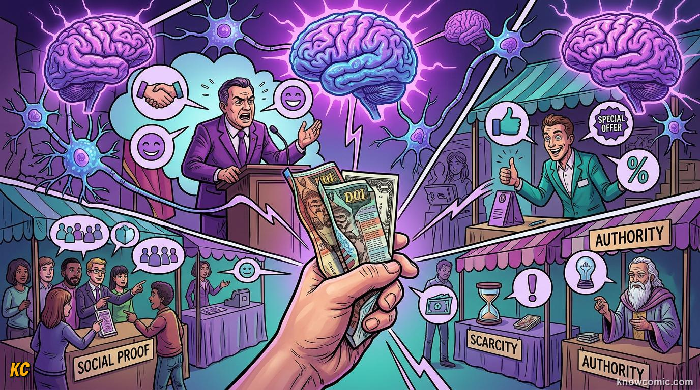 Comic illustration: ads politicians and salespeople using psychology to persuade people to say yes