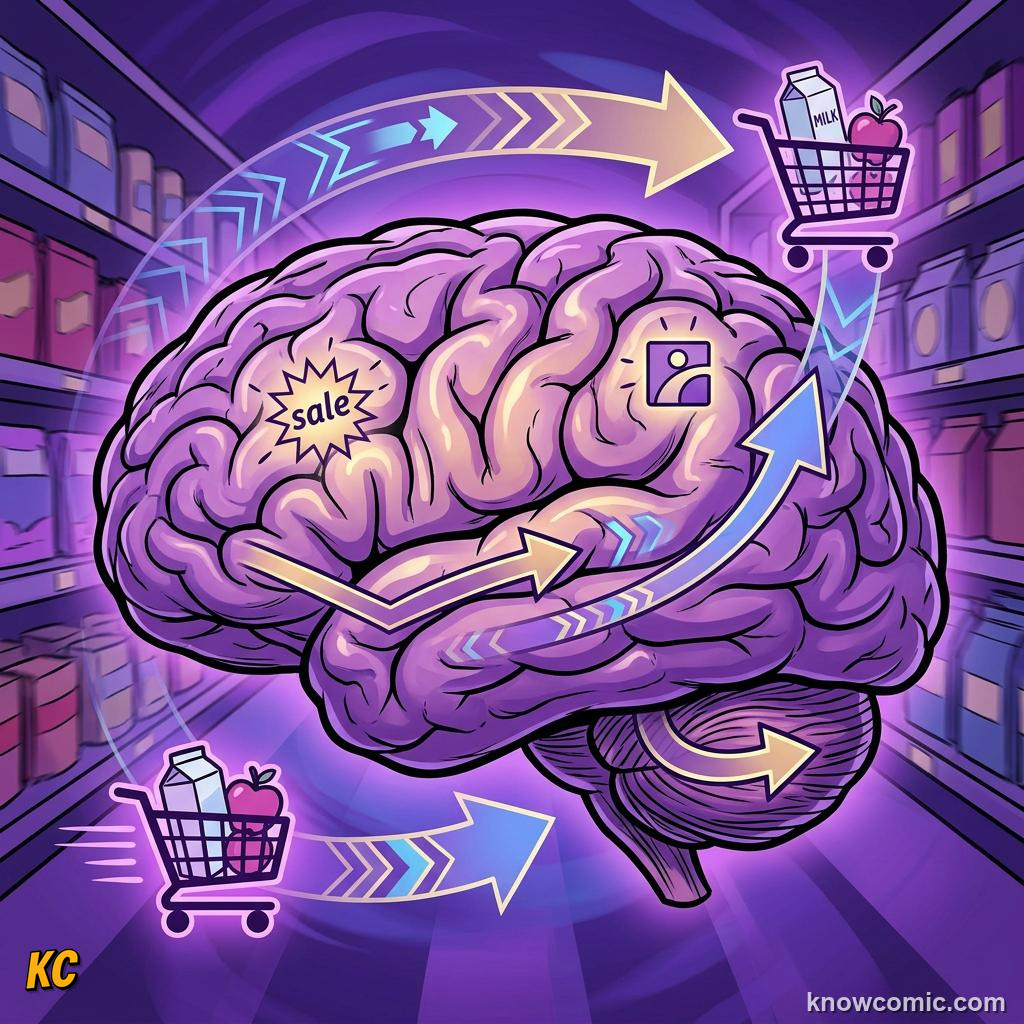 Comic illustration: brain using mental shortcuts to decide quickly when shopping