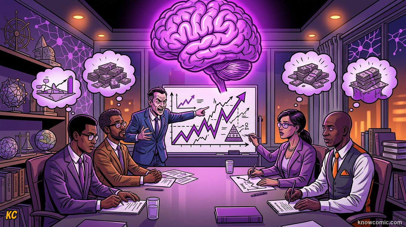 Comic illustration: intelligent group of people making a terrible decision together in a meeting