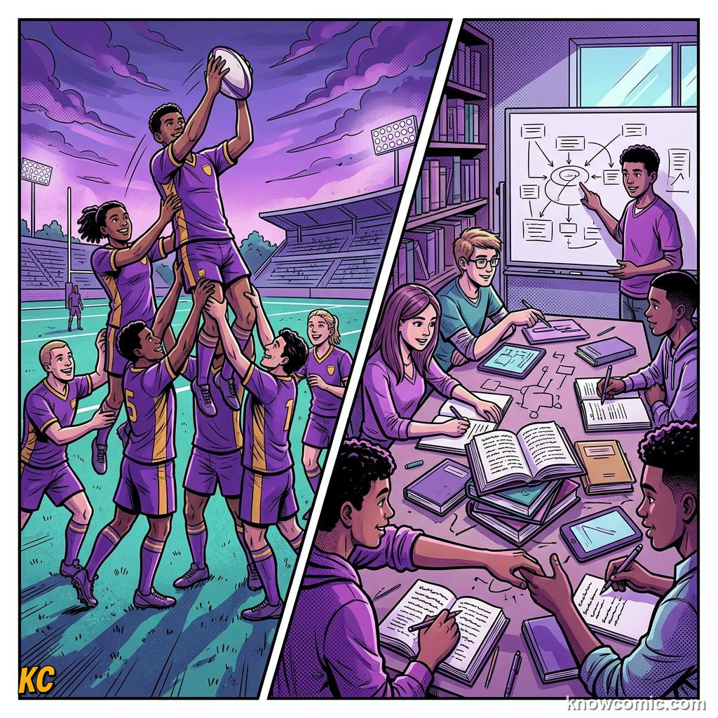 Comic illustration: sports team and study group cooperating successfully together