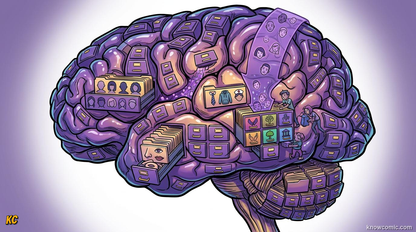 Comic illustration: brain using quick category shortcuts and stereotypes to sort people