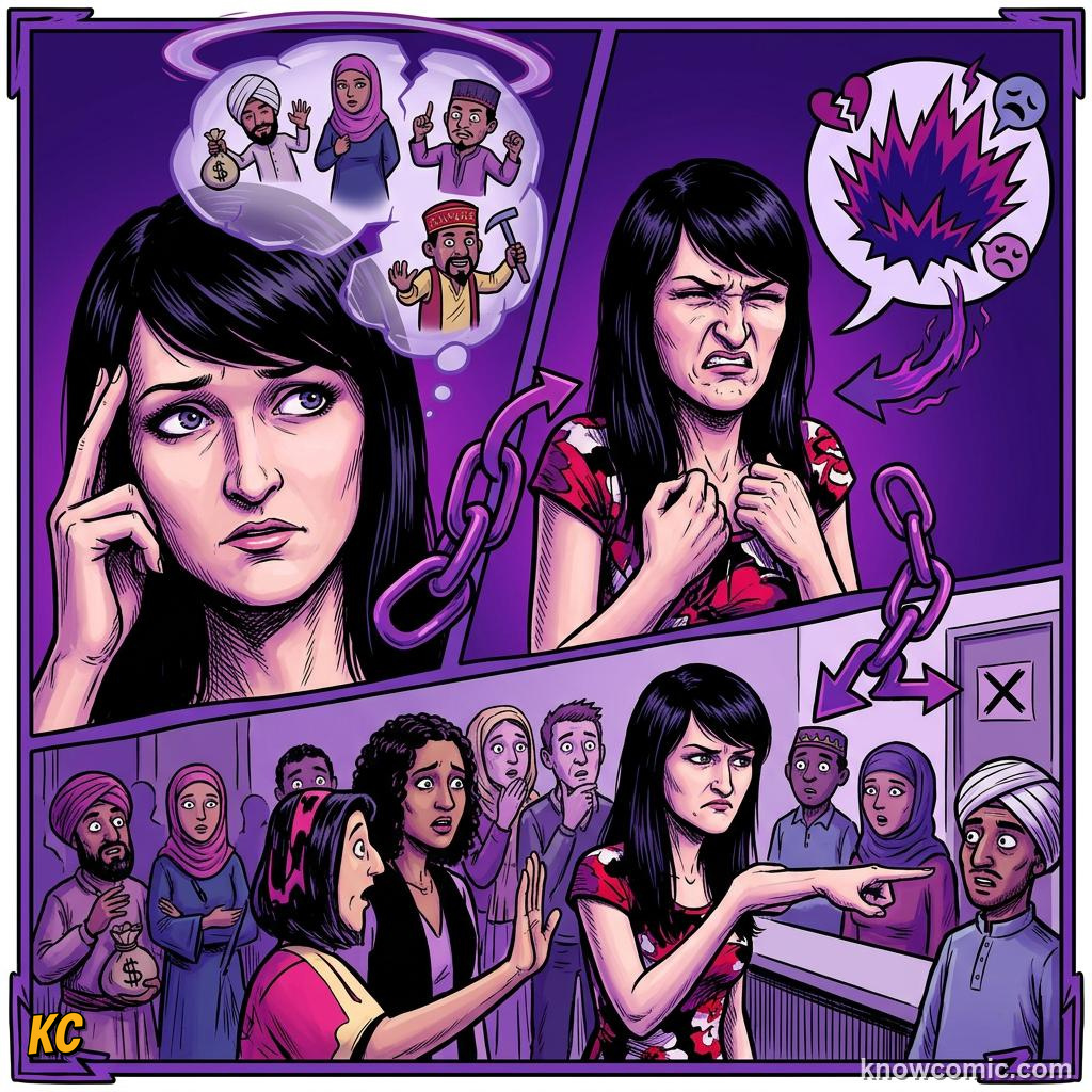 Comic illustration: stereotype prejudice and discrimination shown as think feel act chain