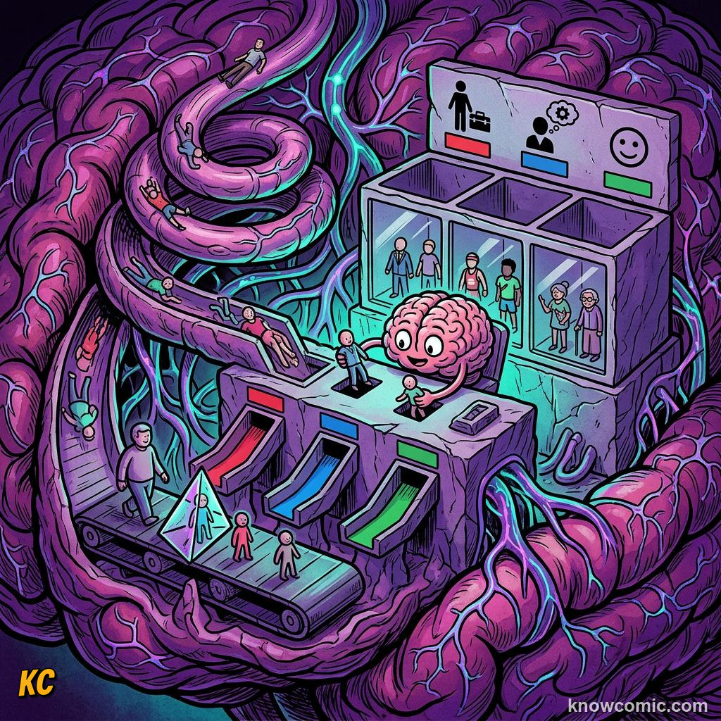 Comic illustration: brain filing people into quick category boxes to save mental energy