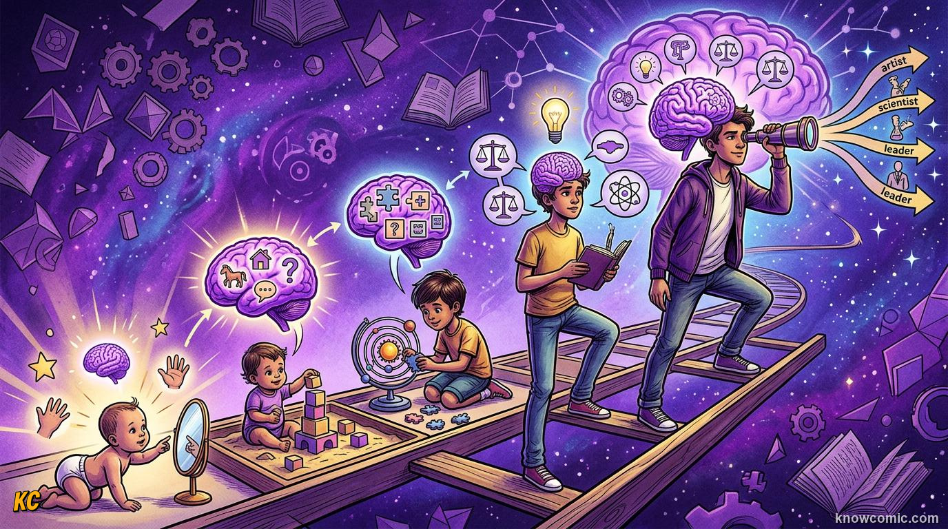 Comic illustration: children of different ages showing how thinking develops from baby to teenager