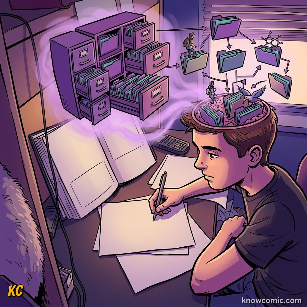 Comic illustration: child building mental schemas like file folders for new experiences