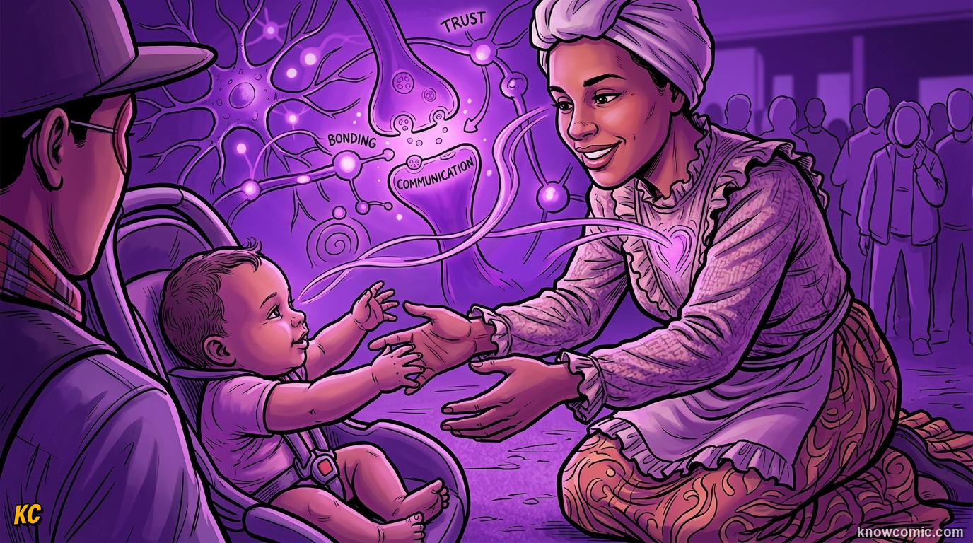Comic illustration: infant reaching for caregiver showing early attachment bond