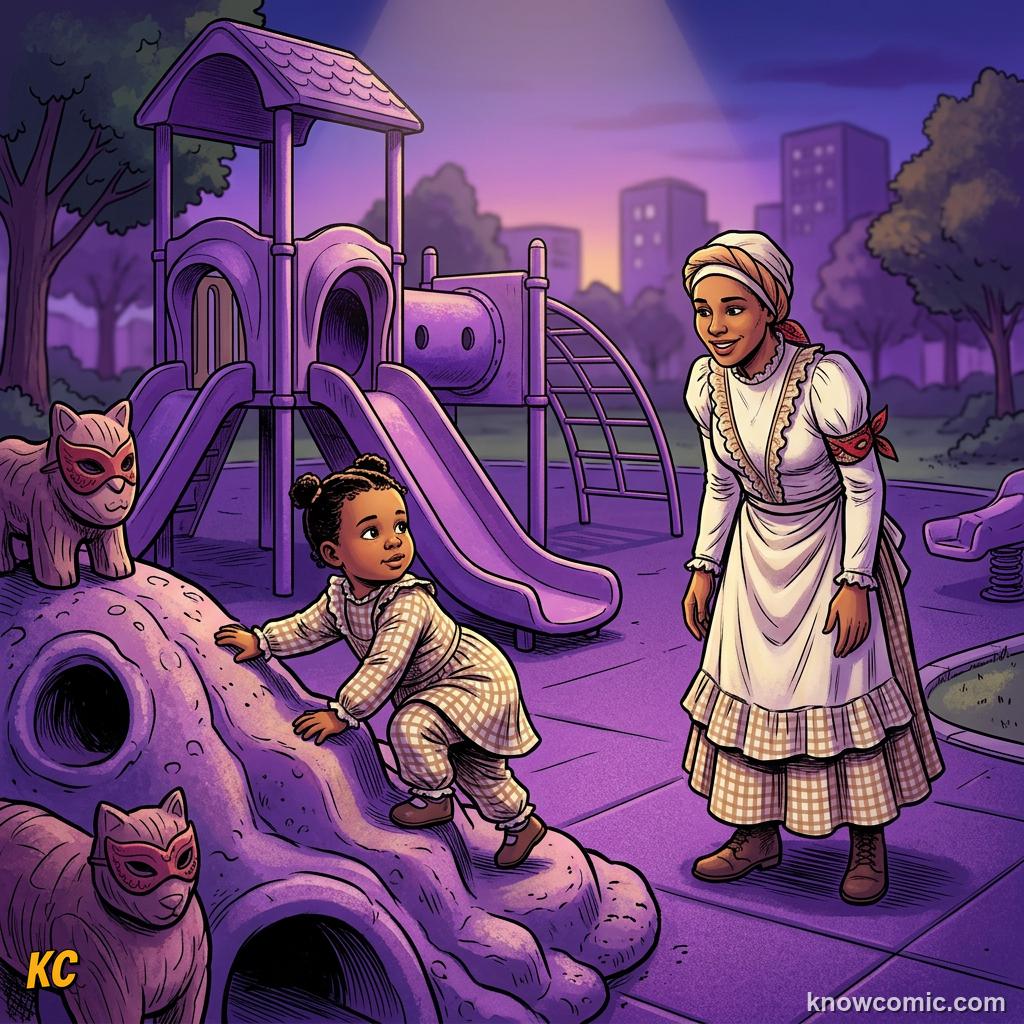 Comic illustration: toddler exploring playground while glancing back at trusted caregiver