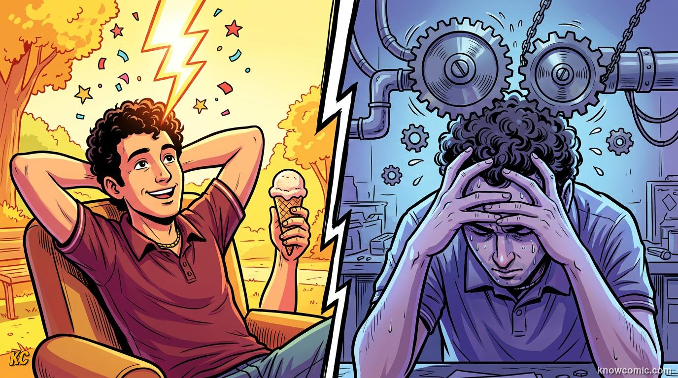 Split scene of a brain answering instantly on one side and working hard on a difficult problem on the other