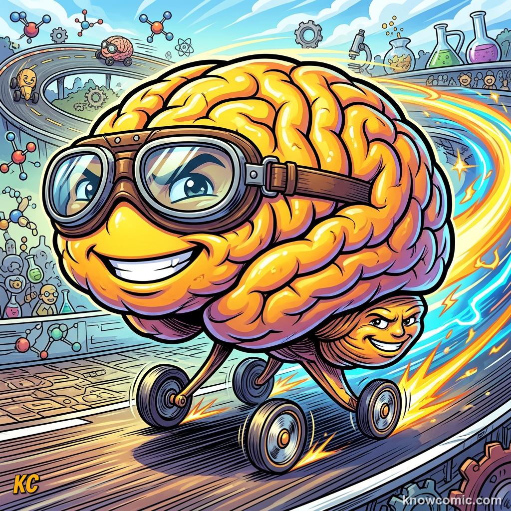 Cartoon brain zooming along on autopilot answering questions instantly