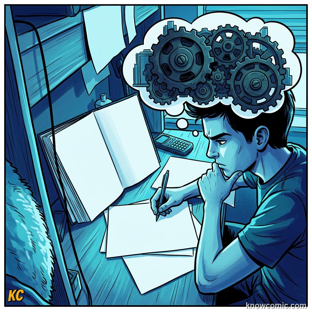Student concentrating hard with furrowed brow working through a difficult problem
