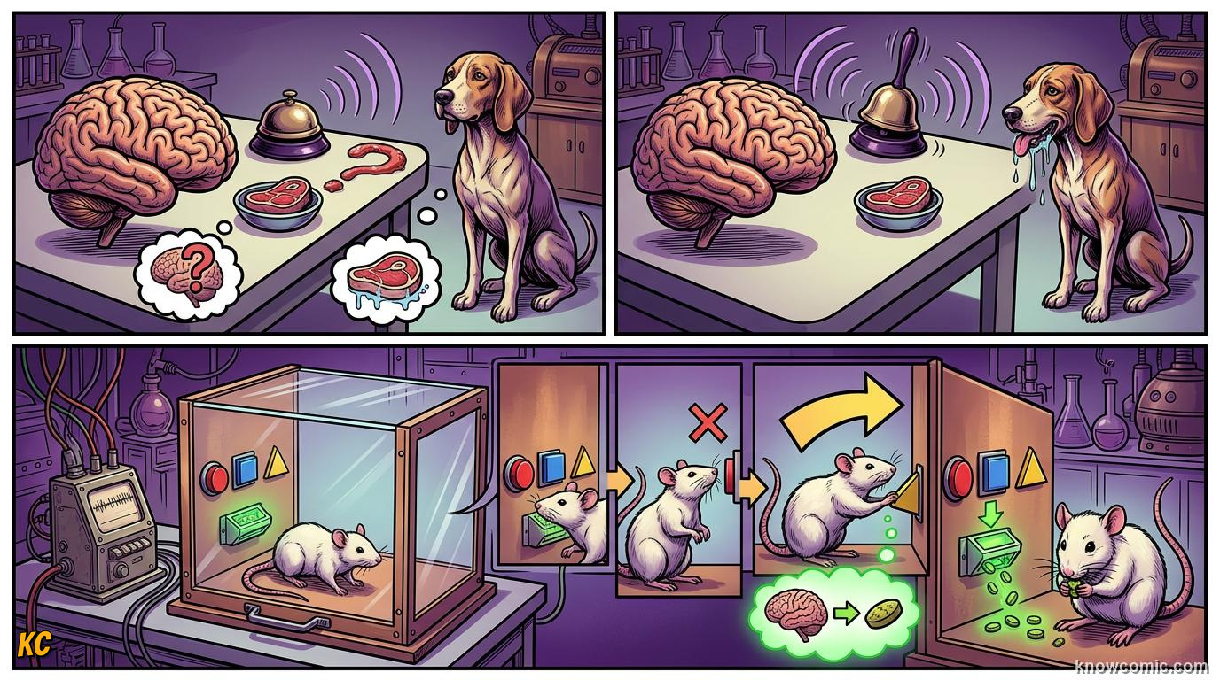 Comic illustration: Pavlov dogs and Skinner box showing two types of learning conditioning