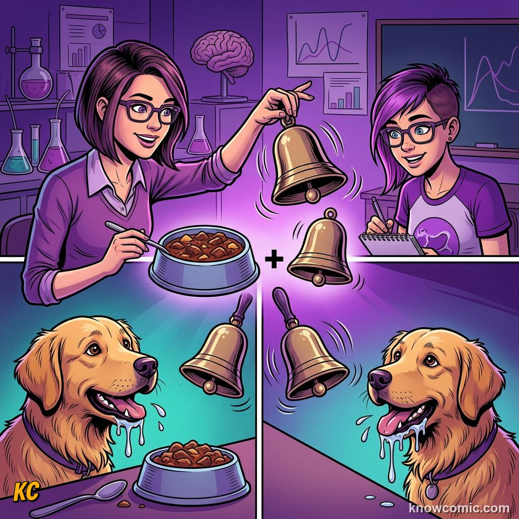 Comic illustration: bell paired with food creating classical conditioning in dog