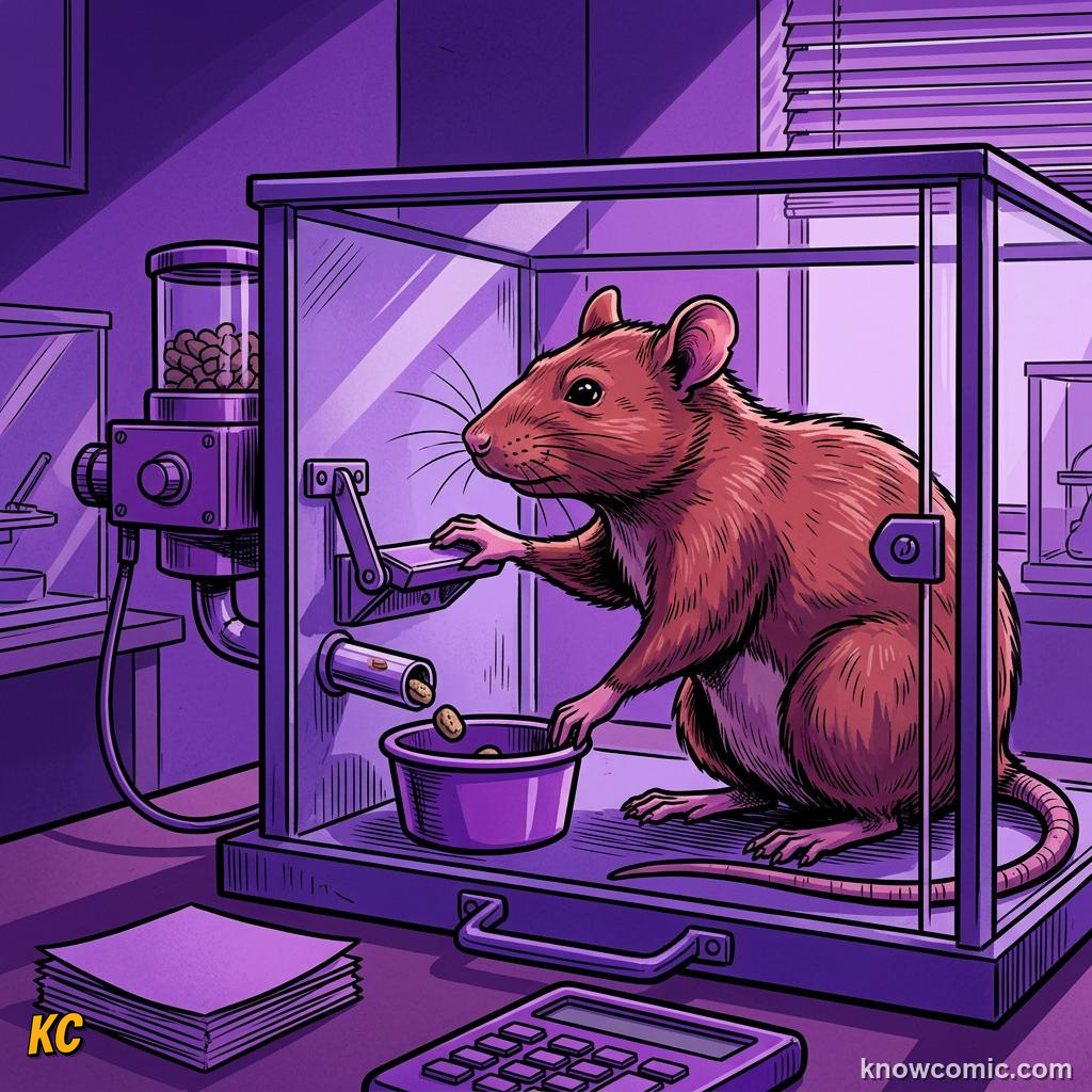 Comic illustration: rat pressing lever in Skinner box for food reward operant conditioning