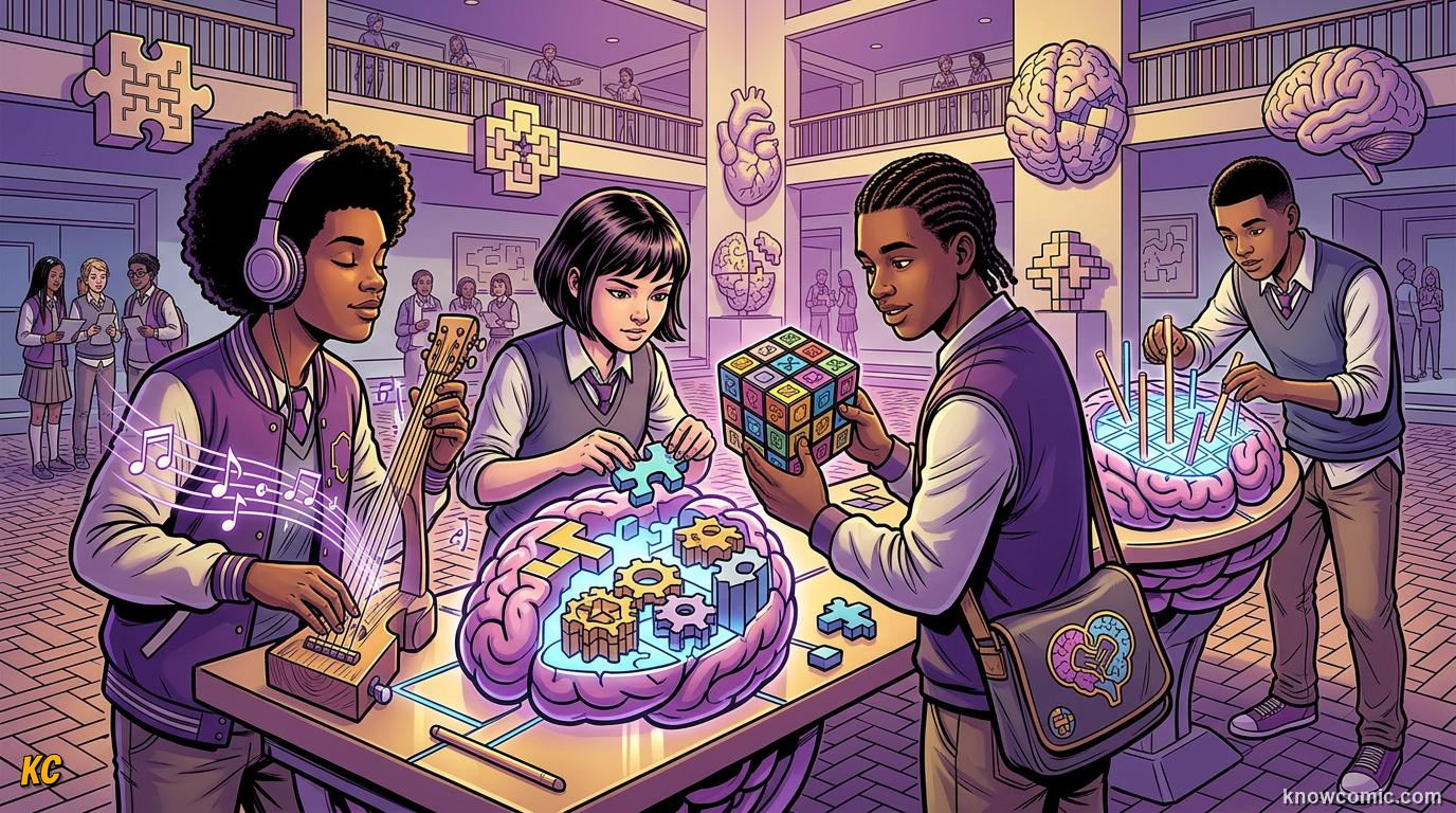Comic illustration: diverse kids showing different types of intelligence puzzles music and teamwork