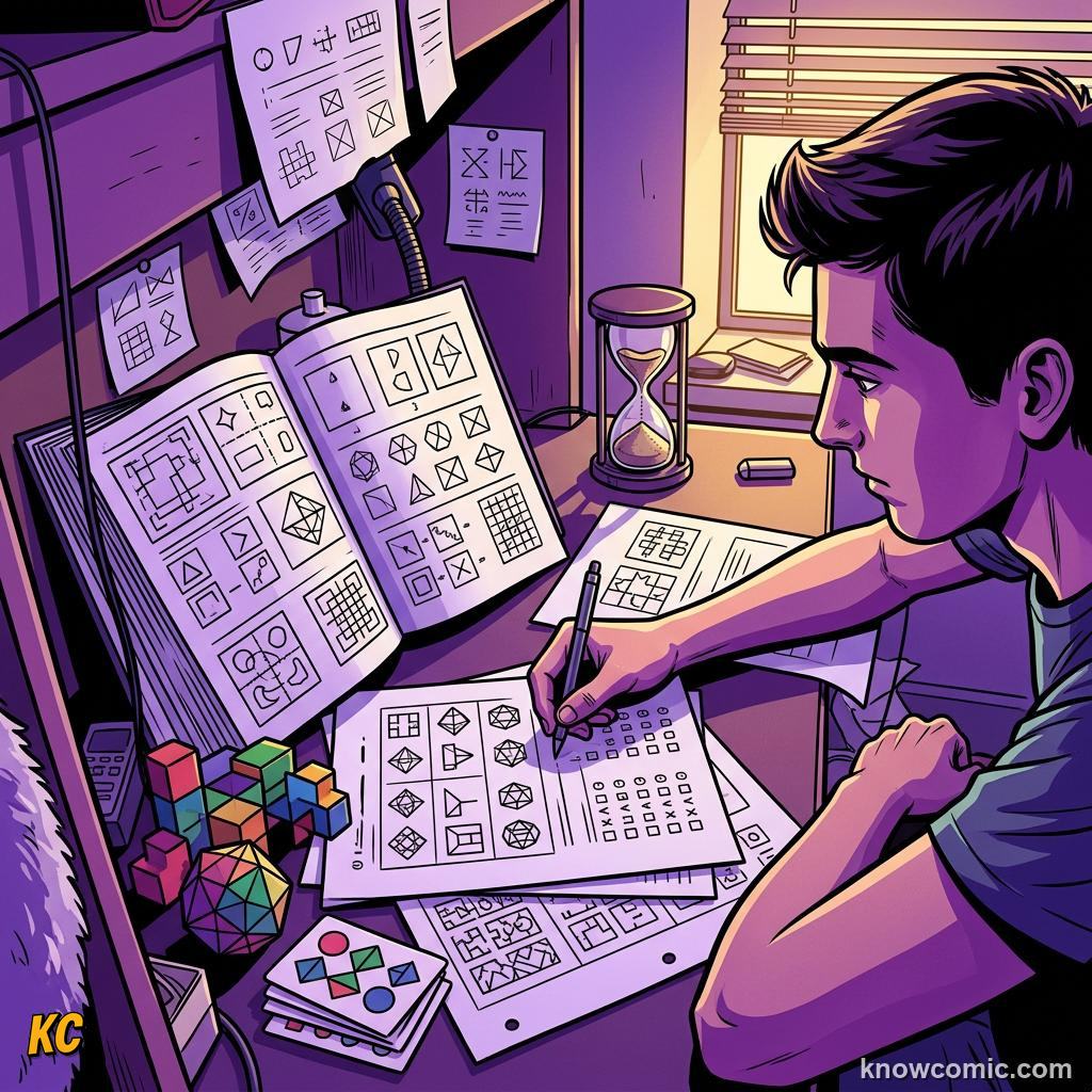 Comic illustration: child taking an IQ test with puzzles and pattern questions