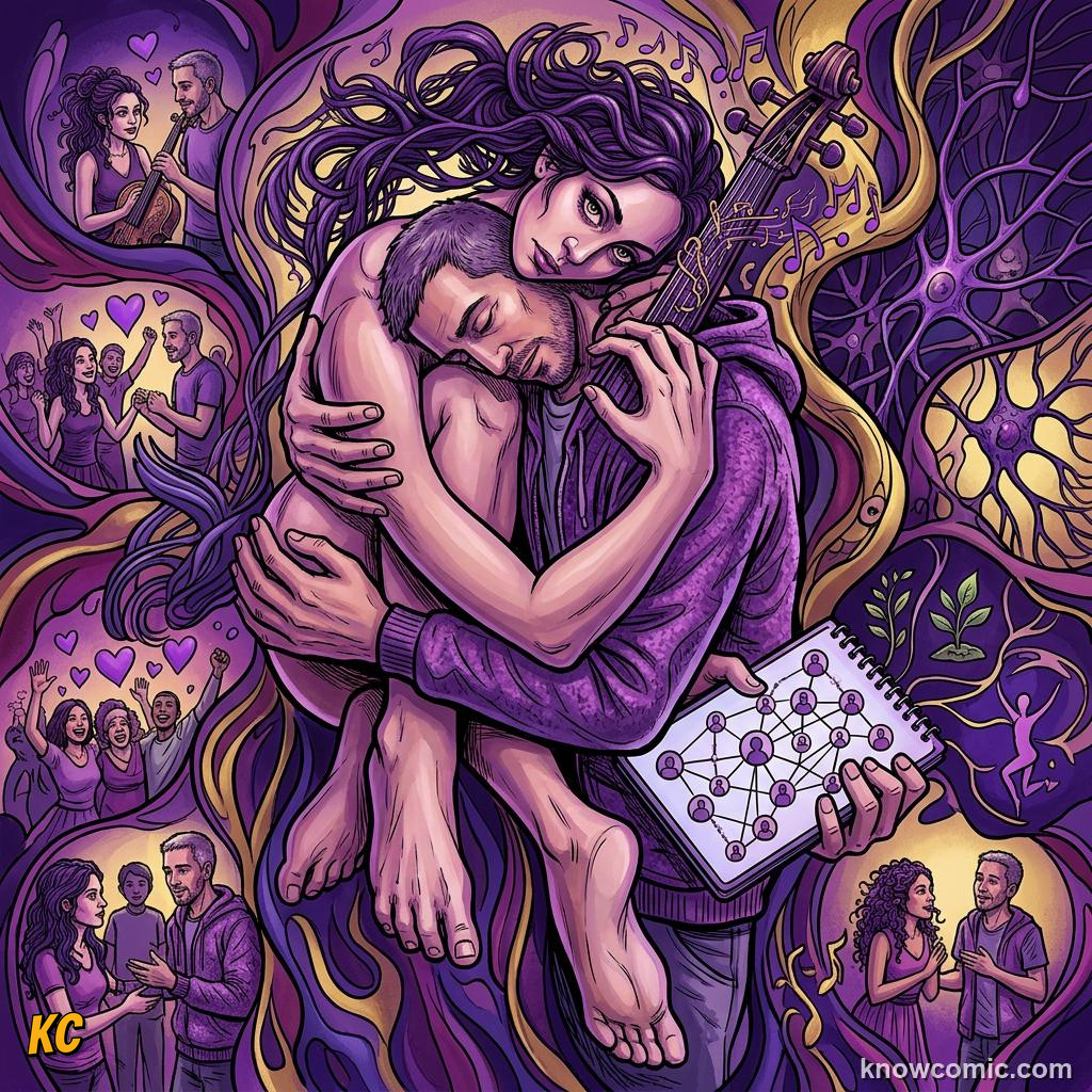 Comic illustration: musician artist and caring friend showing intelligence beyond IQ tests