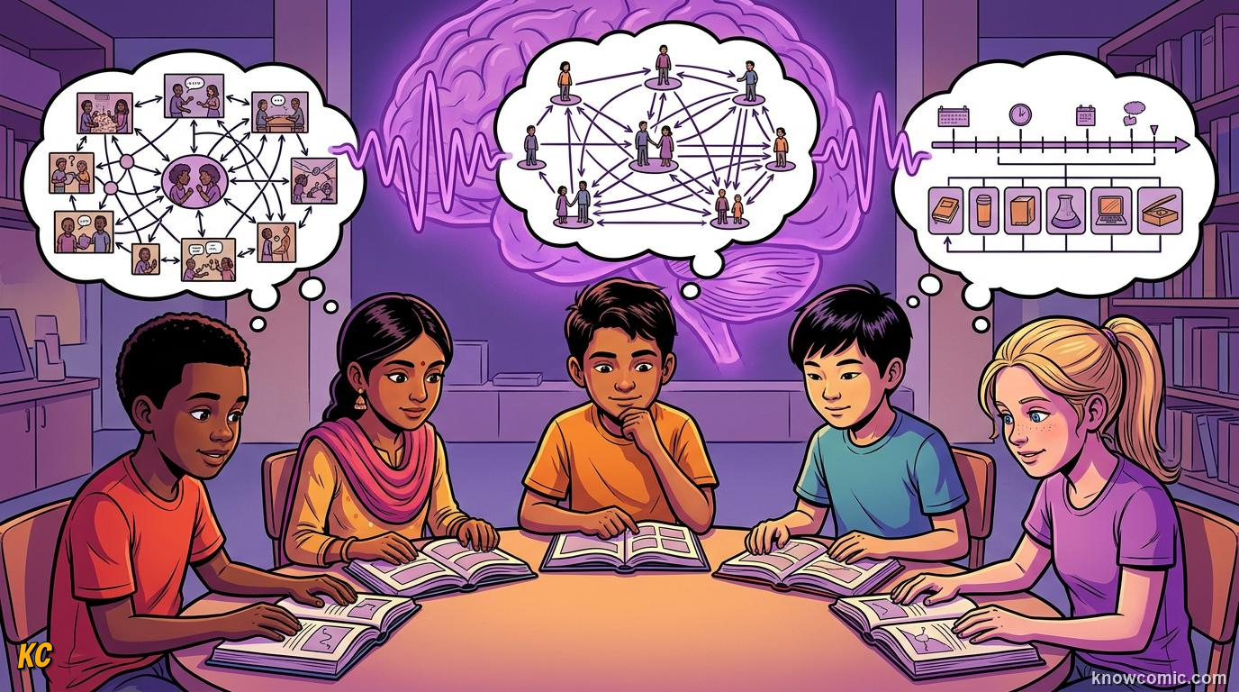 Comic illustration: children speaking different languages with thought bubbles showing linguistic relativity