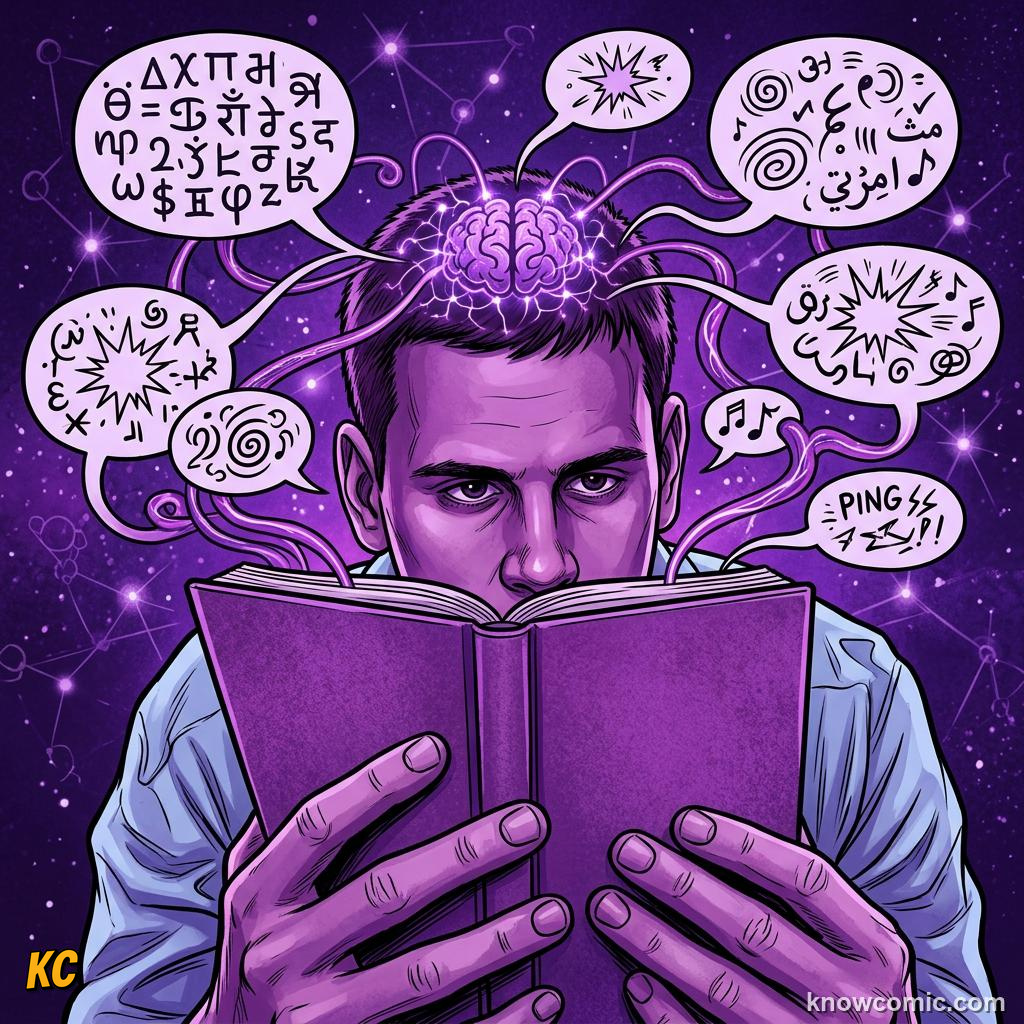 Comic illustration: speech bubbles in multiple world languages connecting to brain