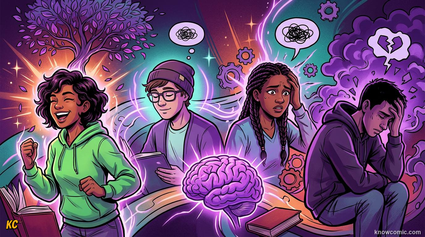 Comic illustration: mental health spectrum from thriving wellbeing to needing support with diverse kids