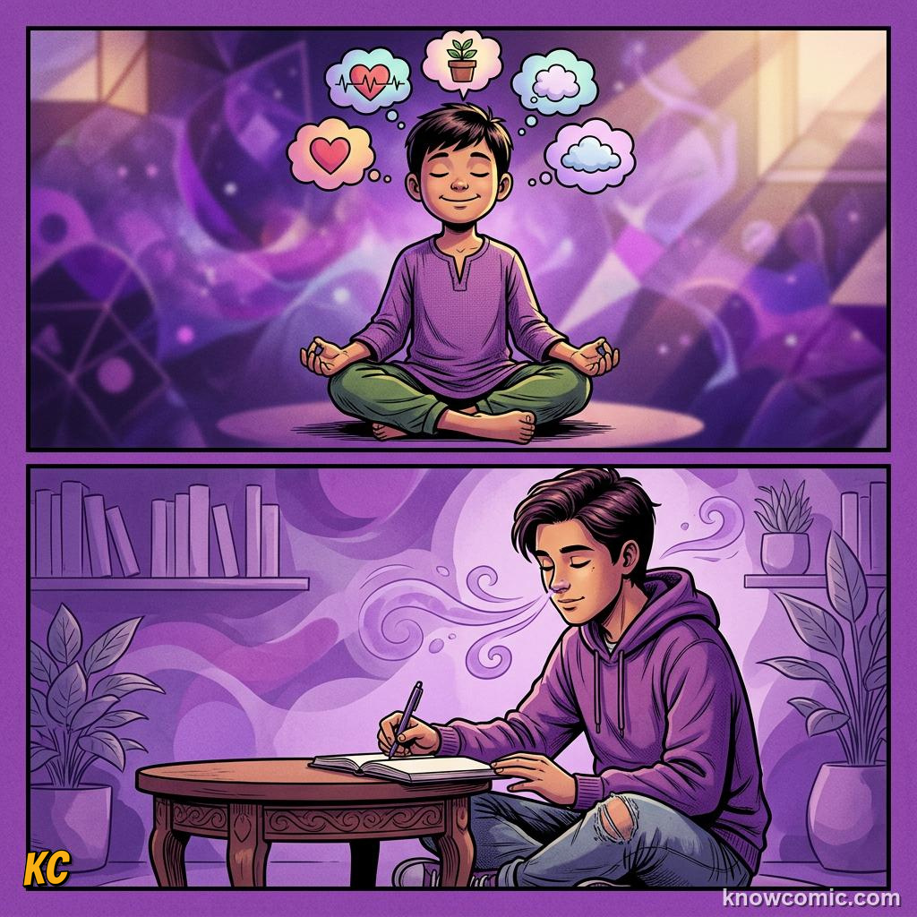 Comic illustration: kid feeling calm and happy practicing wellbeing habits