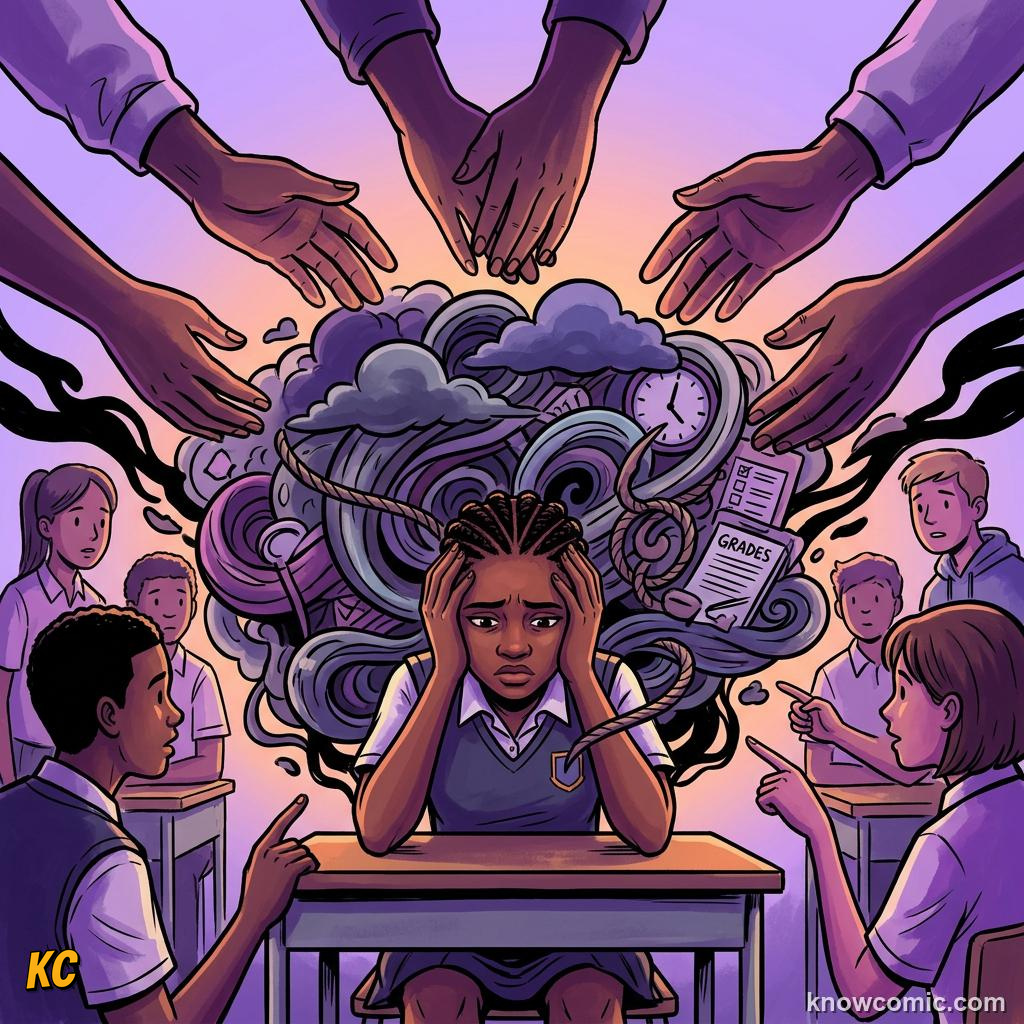 Comic illustration: kid feeling overwhelmed on mental health spectrum needing support