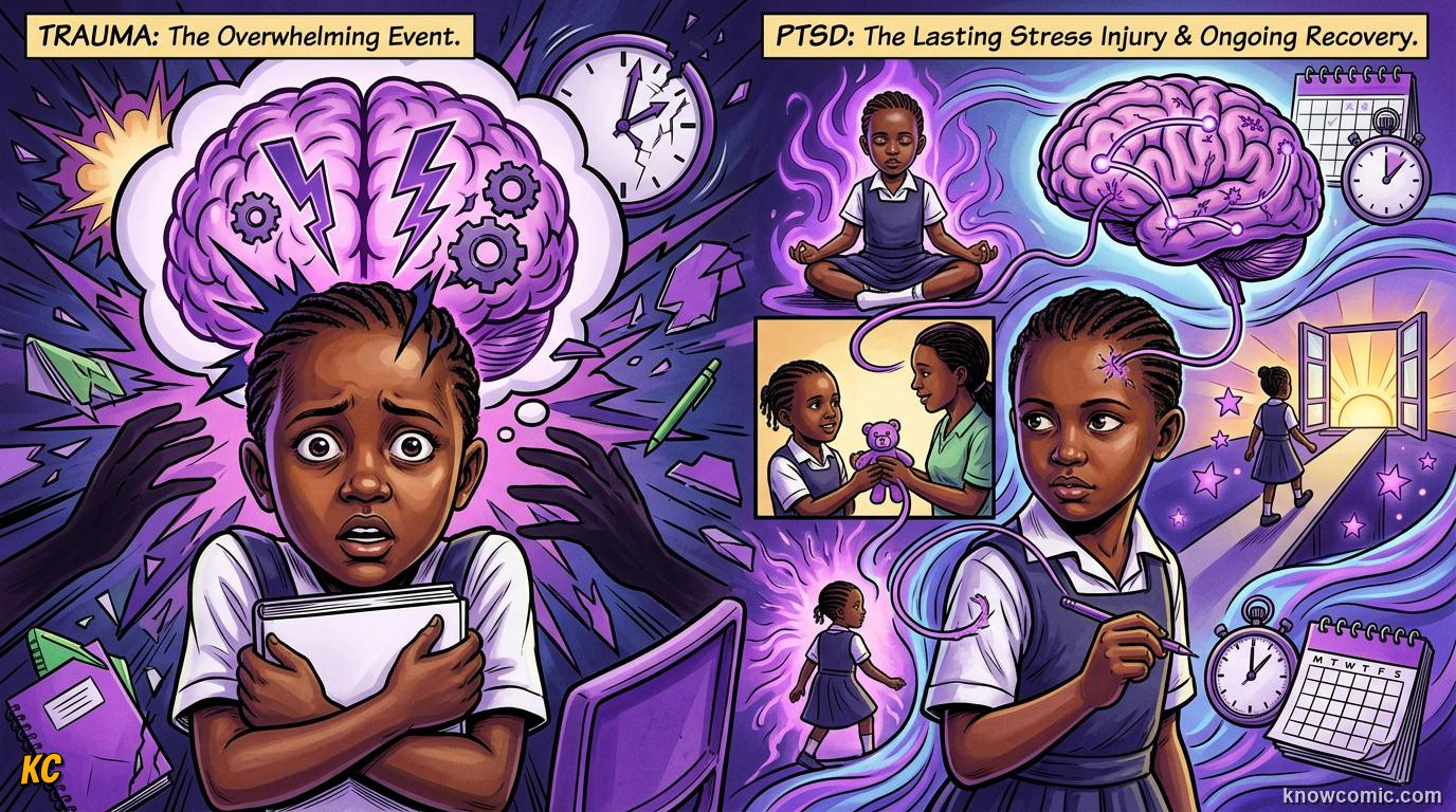 Comic illustration: trauma as overwhelming event and PTSD as lasting stress injury kid-friendly