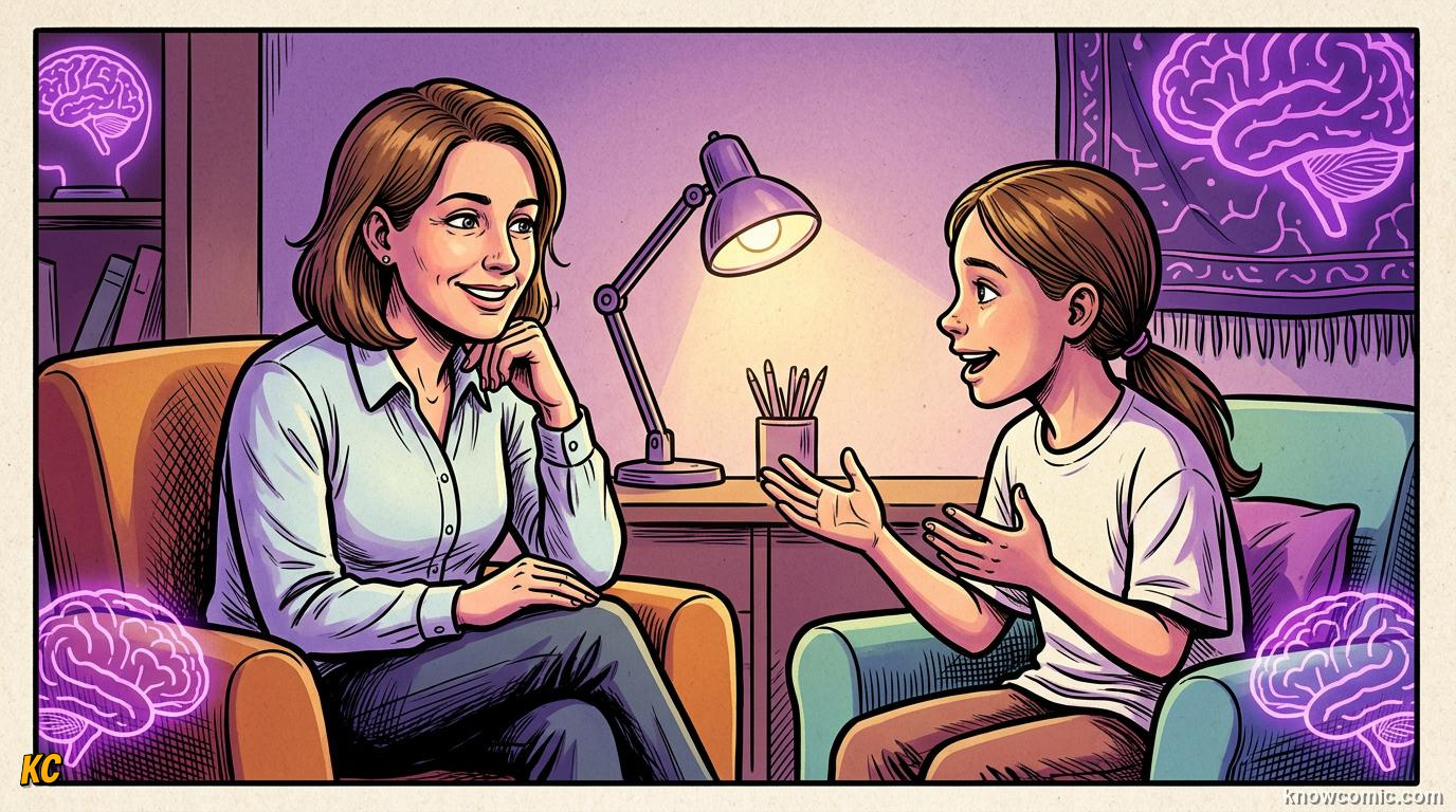 Comic illustration: child talking with therapist in safe supportive therapy room