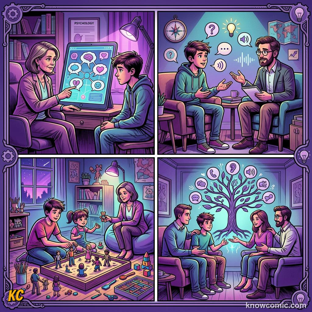 Comic illustration: different therapy types CBT talk therapy play therapy family therapy icons