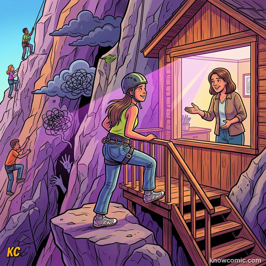 Comic illustration: brave kid choosing to ask for mental health help from therapist