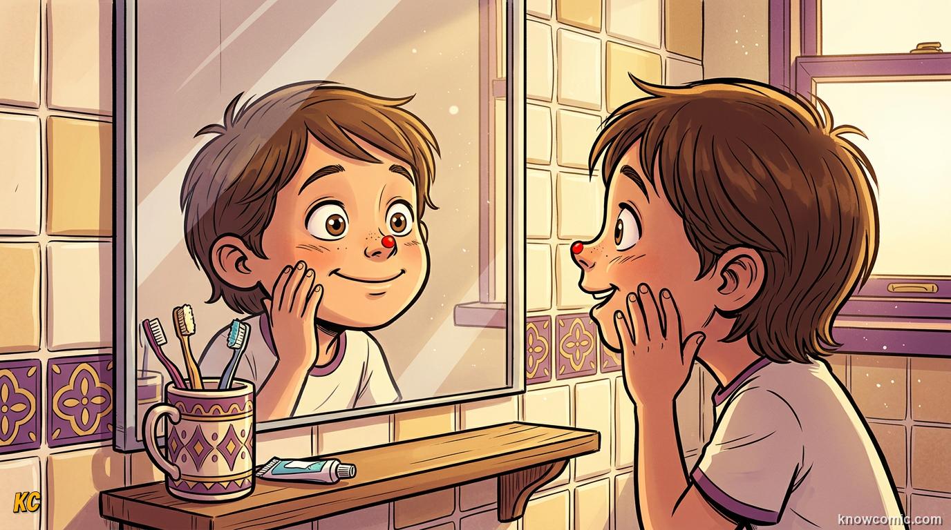 Child staring at their own reflection in a bathroom mirror with a curious expression