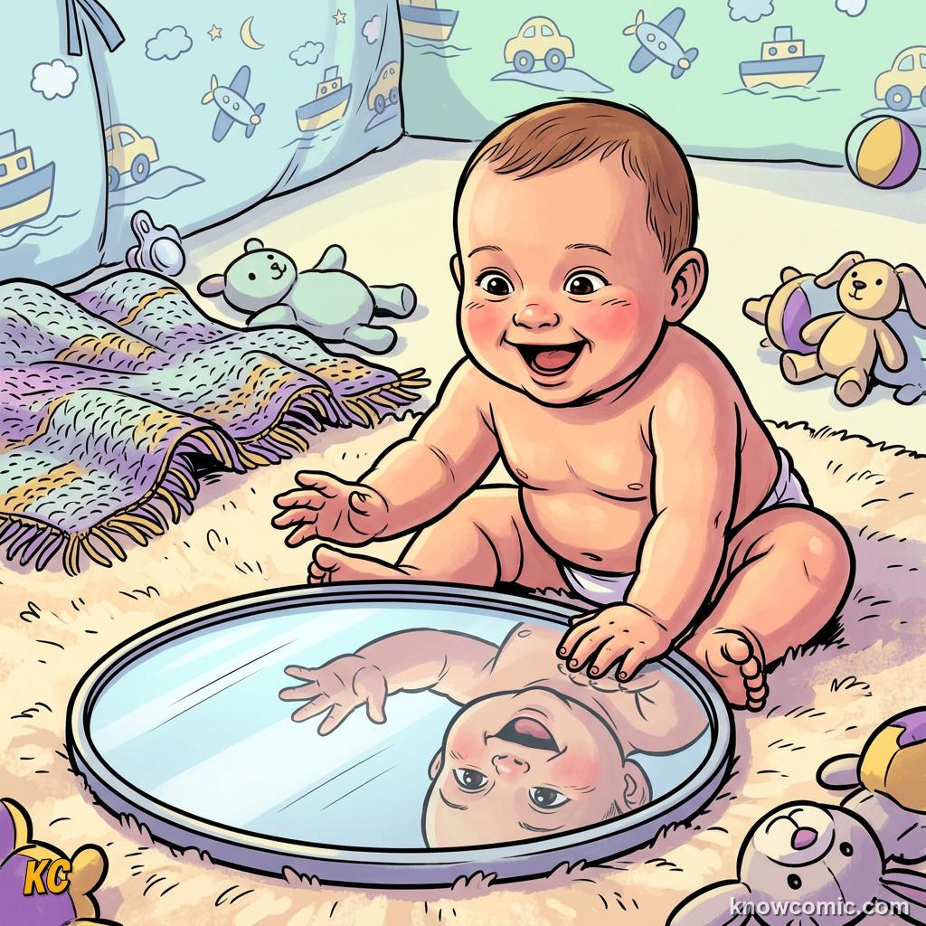Smiling newborn baby reaching towards a mirror as if greeting another baby