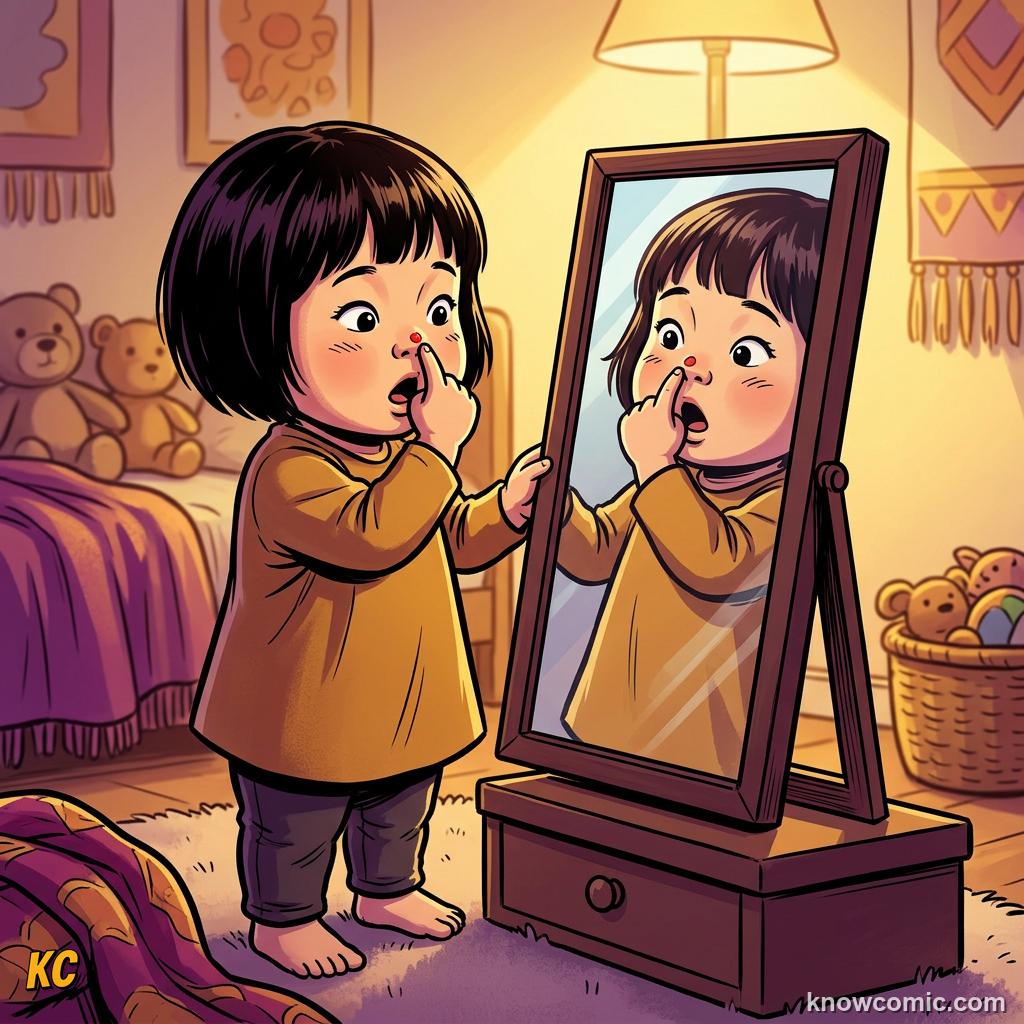 Toddler touching their own nose while looking into a mirror during the red dot test