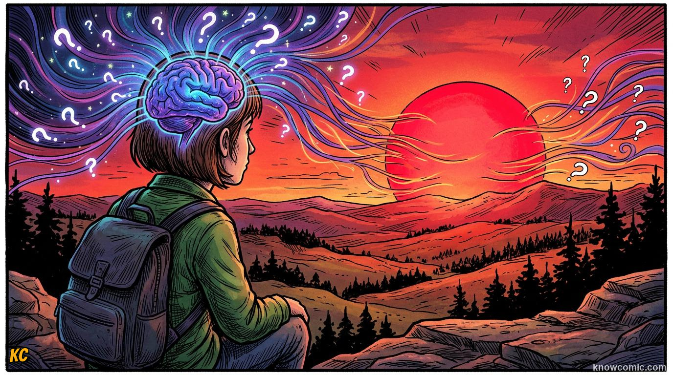 Comic illustration: a person experiencing the inner world of consciousness