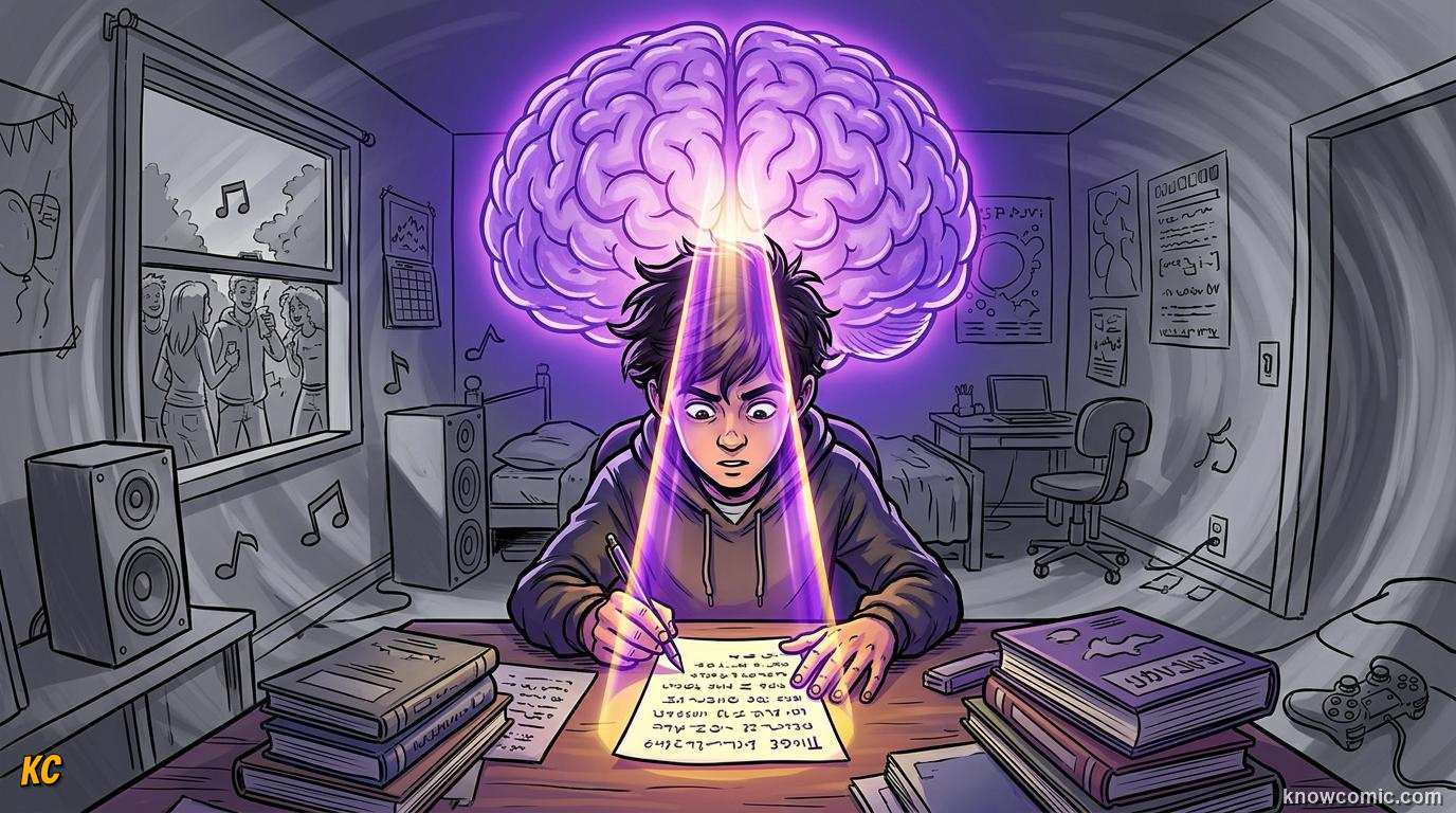 Comic illustration: attention as a mental spotlight selecting one thing at a time