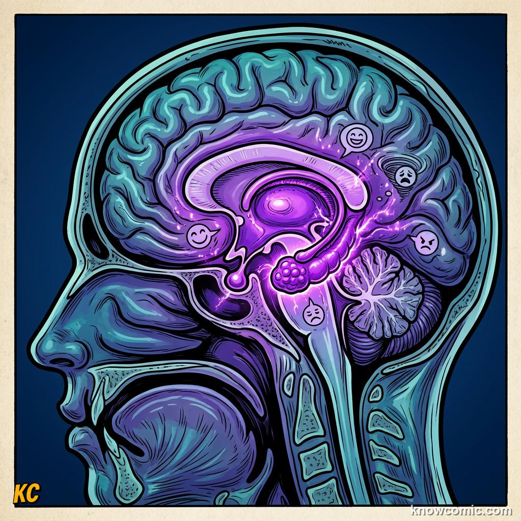 Comic illustration: limbic system structures including amygdala and hippocampus