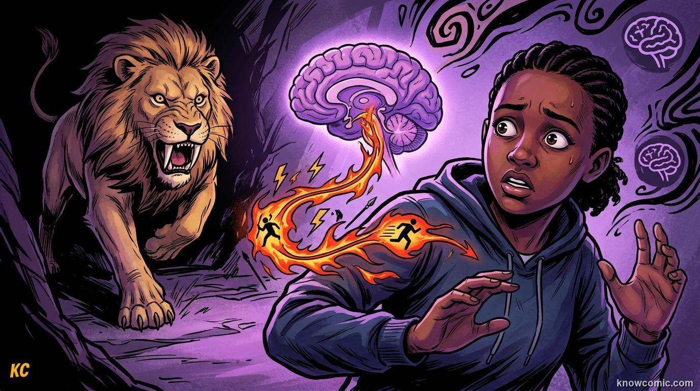 Comic illustration: fear as an ancient survival alarm protecting a person from danger