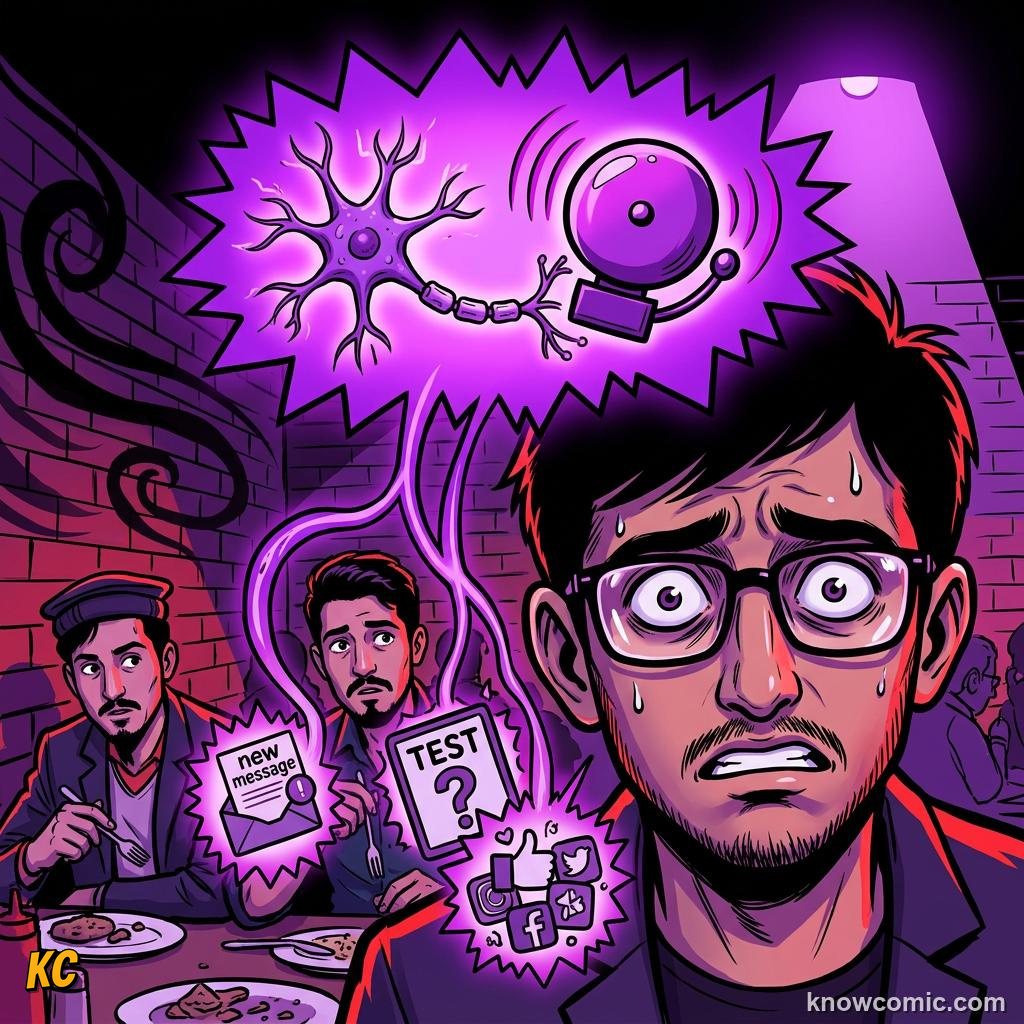 Comic illustration: worry and anxiety when the brain alarm fires without real danger