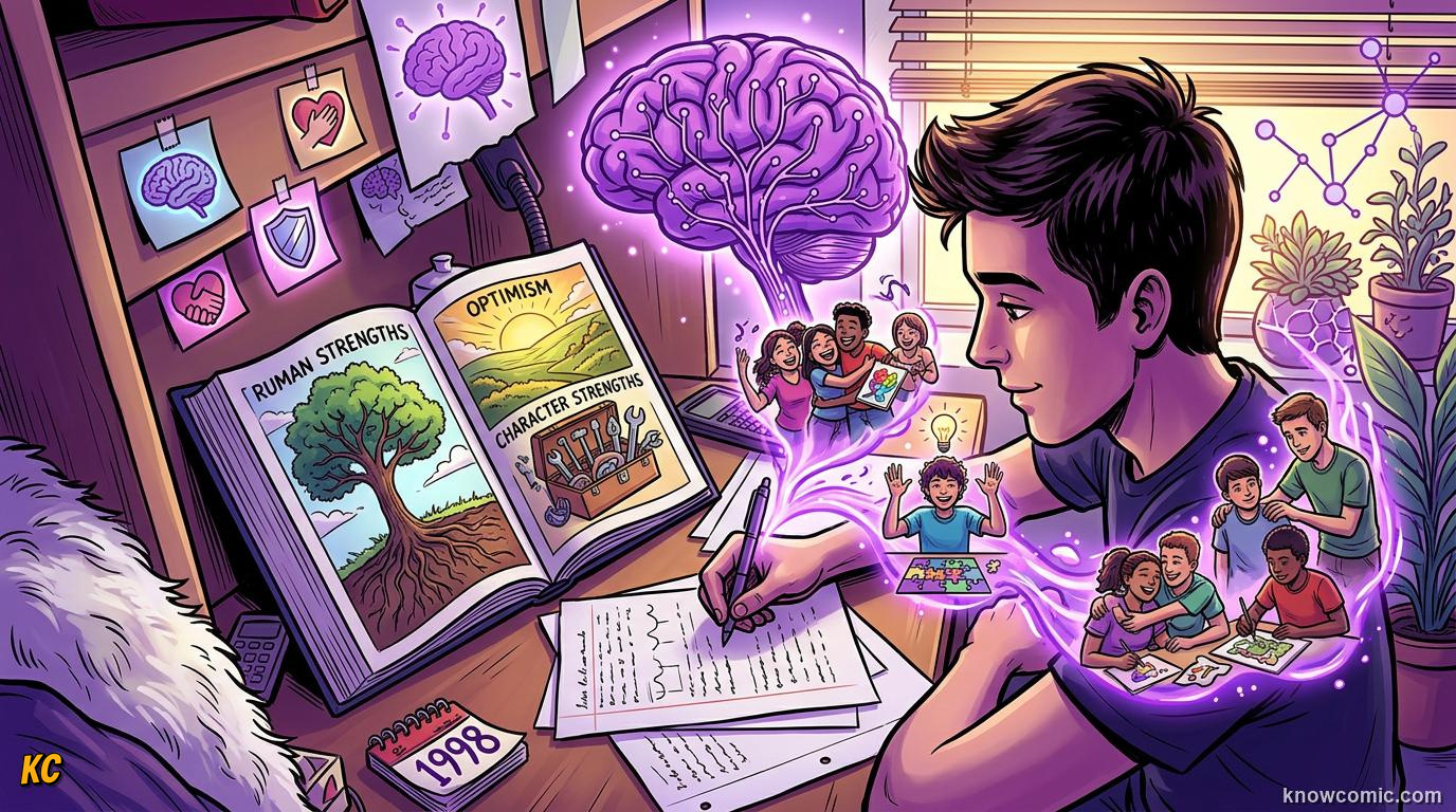 Comic illustration: positive psychology studying human strengths, wellbeing, and flourishing