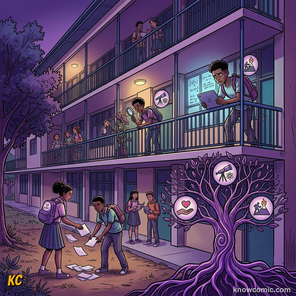 Comic illustration: identifying personal strengths like kindness, curiosity, and perseverance
