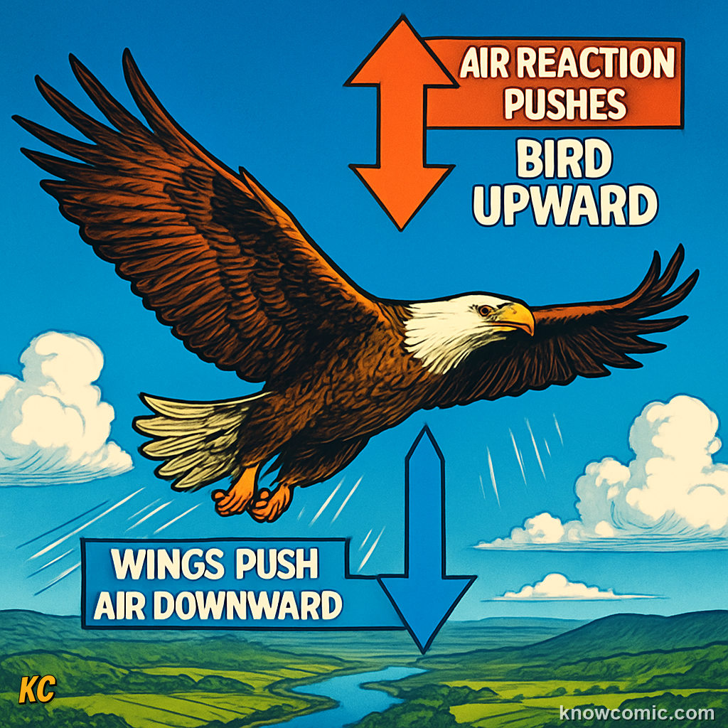 Bird in flight showing Newton's Third Law: wings push air downward and the air pushes the bird upward — the same principle applies to aeroplanes