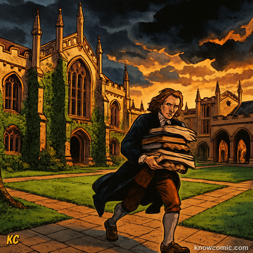 Cambridge University during the 1666 plague year when Newton worked alone at his mother's farm and developed his laws of motion