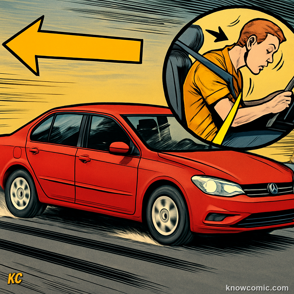 Car braking suddenly while passengers lurch forward — Newton's First Law inertia keeps the body moving, and the seatbelt applies the opposing force to stop them safely