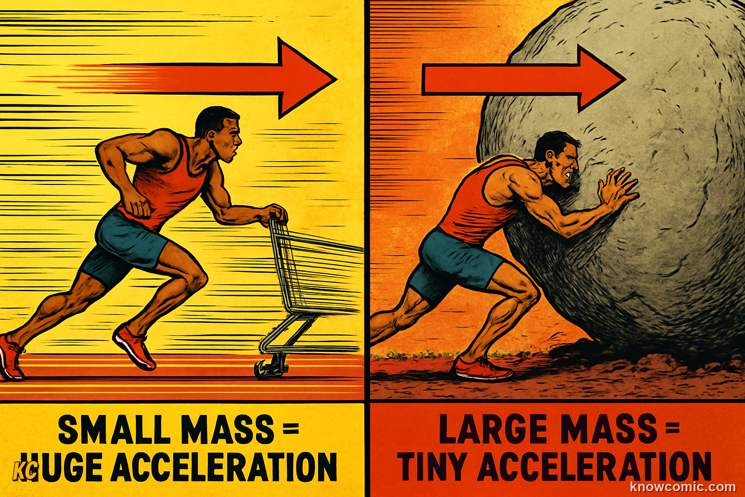 Newton's Second Law of Motion: force equals mass times acceleration (F=ma), showing how greater force or smaller mass produces greater acceleration