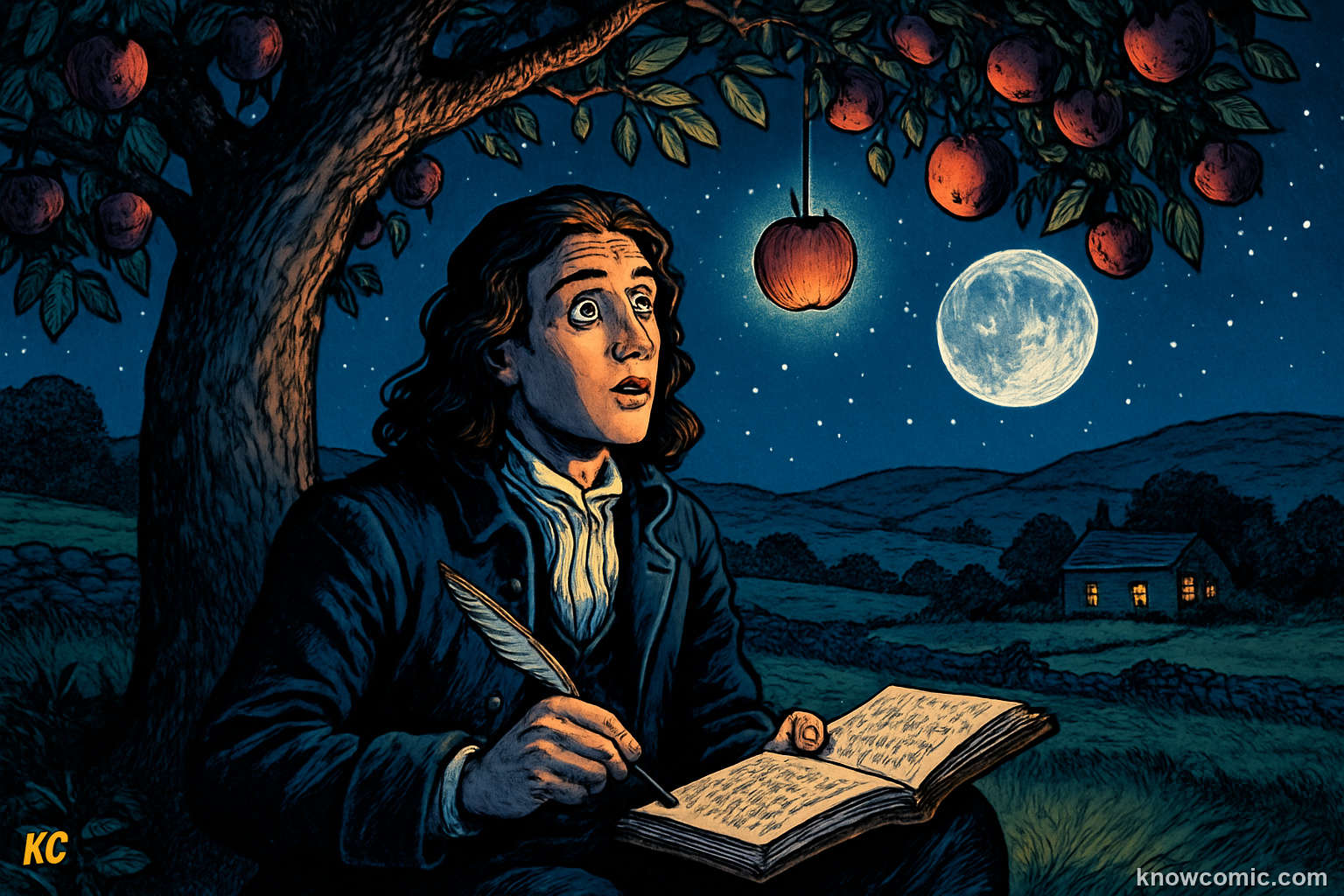 Isaac Newton sitting under an apple tree in Woolsthorpe, England, 1666 — the moment that inspired his laws of motion
