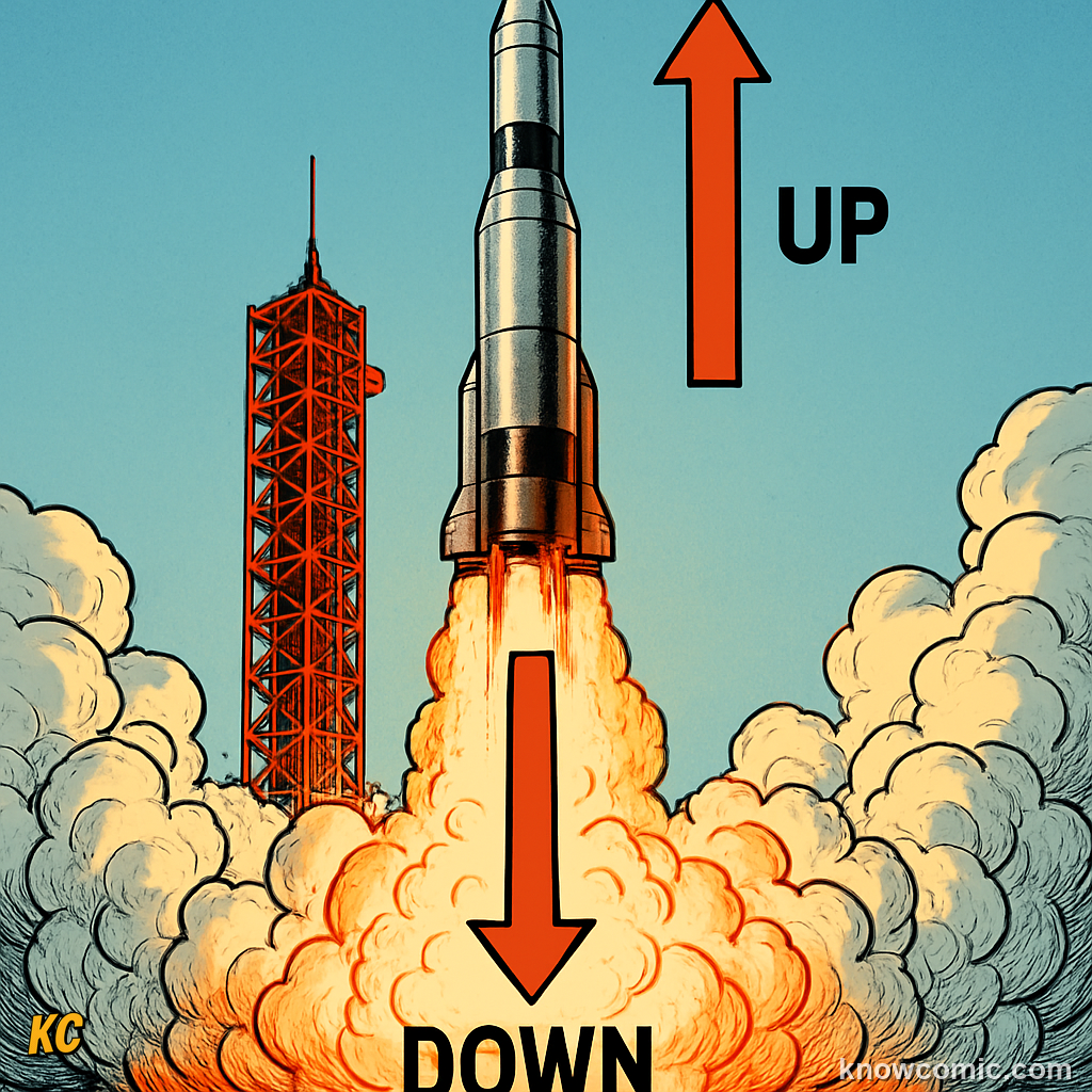 Rocket launching into space — hot gas blasts downward and the equal opposite reaction pushes the rocket upward, demonstrating Newton's Third Law in action