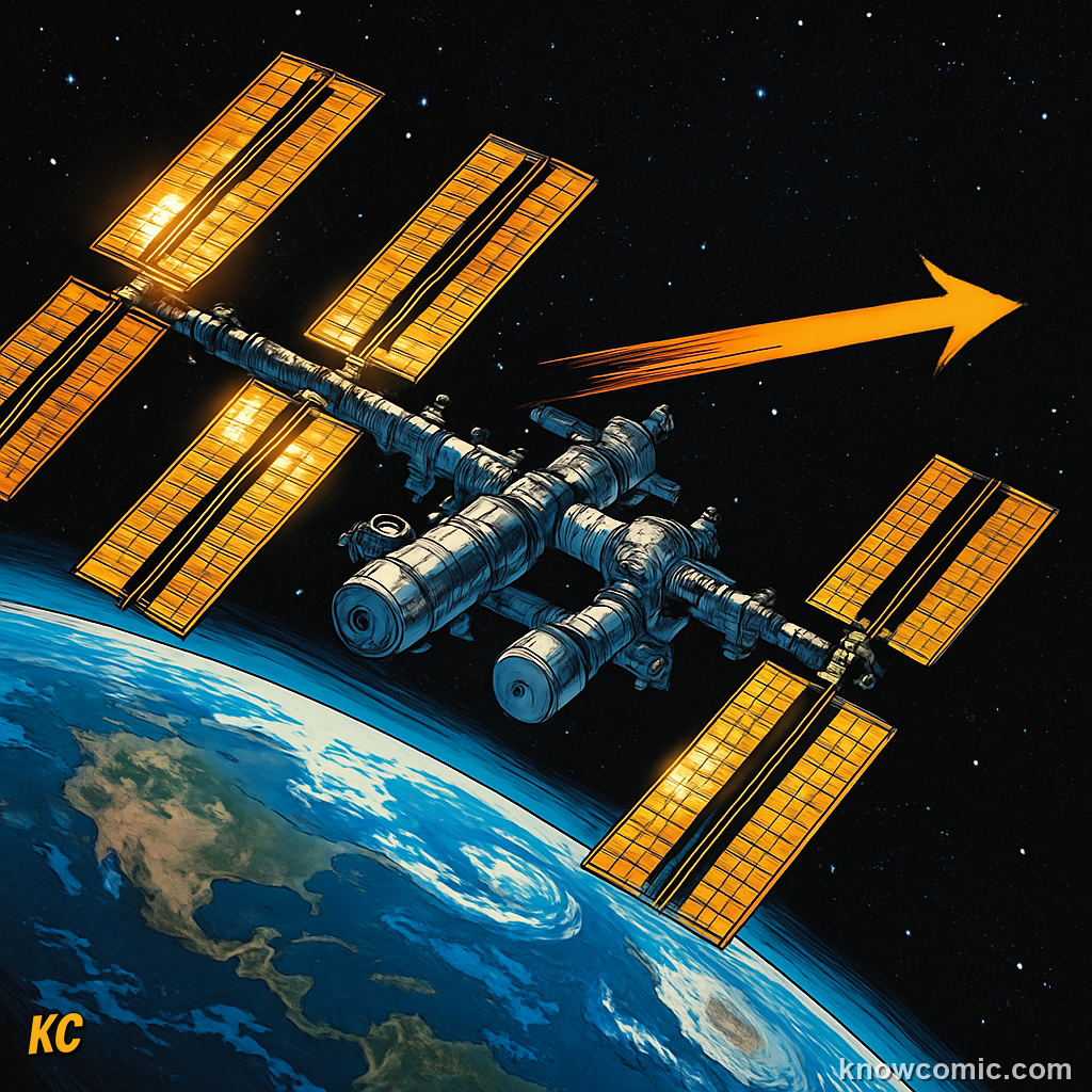 International Space Station orbiting Earth at 28,000 km/h with no engine firing, showing Newton's First Law in action in space