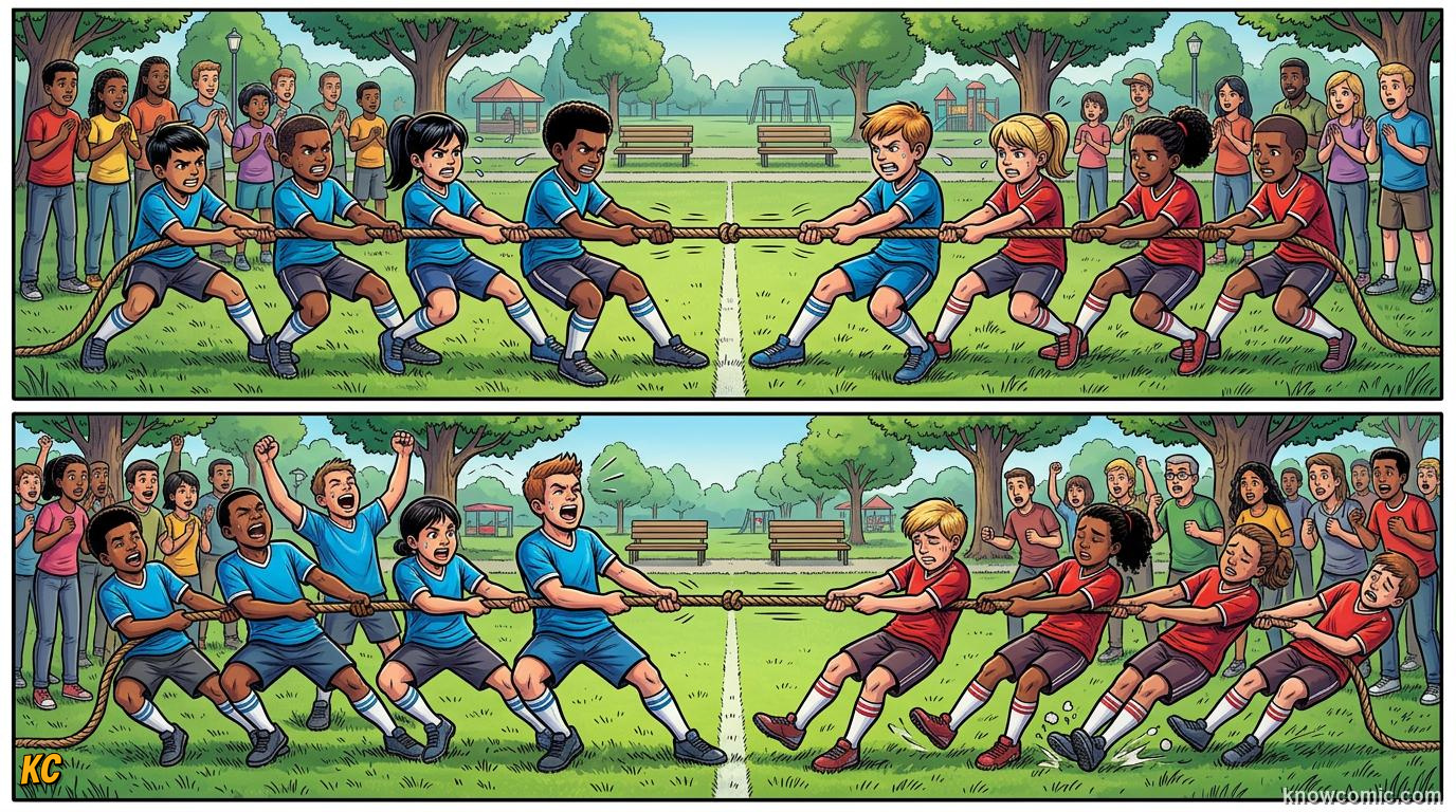 Comic panel about balanced & unbalanced forces: Net Force, educational kids illustration