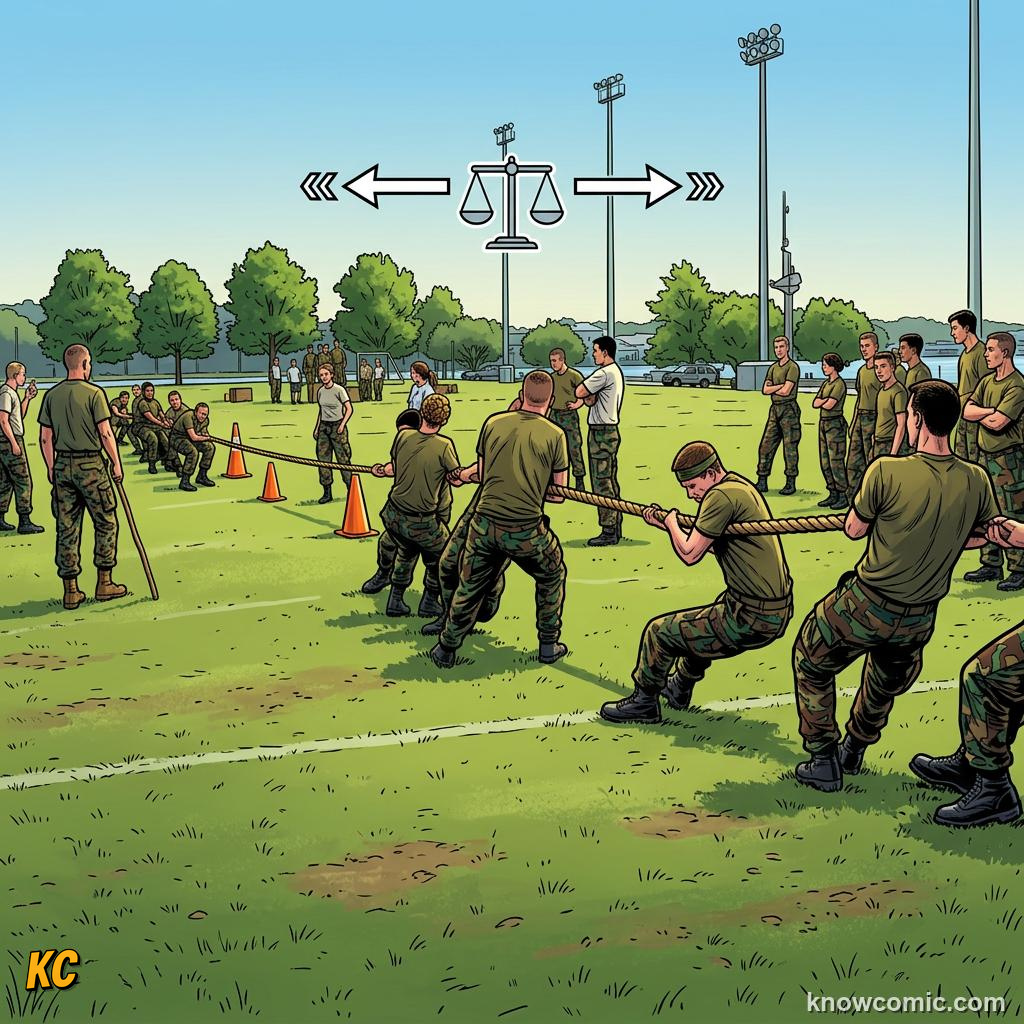 Comic panel about balanced & unbalanced forces: Who Wins The Pull?, Zero, educational kids illustration